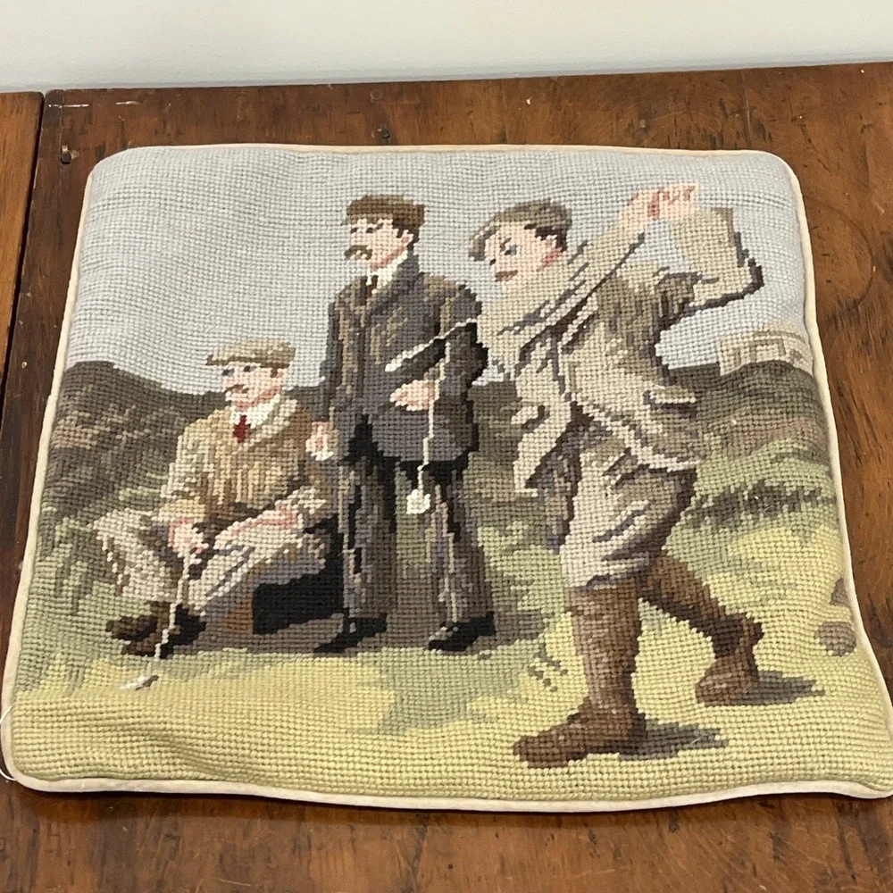 Golfers Needlepoint Pillow-Wool-14 Inches- Velver-Feel Backing‎ With Zipper